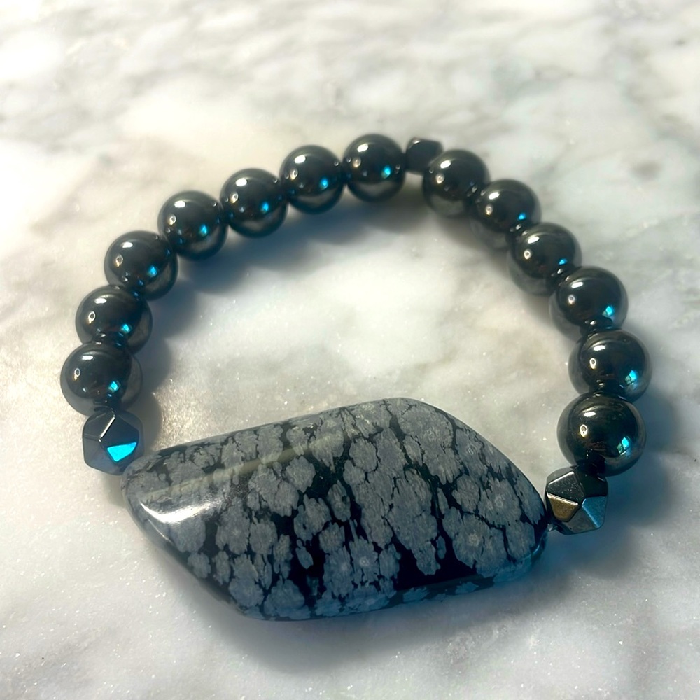 Snow flake obsidian & grey hematite bracelet